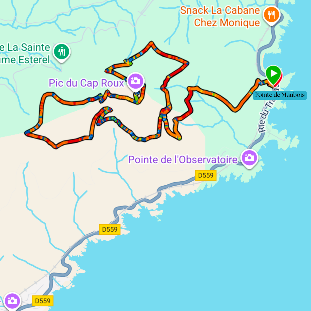 Tracé de l'itinéraire de la randonnée qui mène au Pic du Cap Roux.